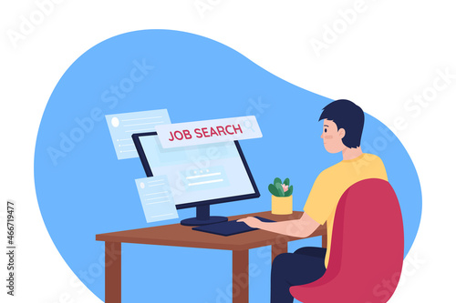 Job search 2D vector isolated illustration. Man finding work offers on website. Apply for vacancy. Unemployed candidate flat character on cartoon background. Employment opportunity colourful scene