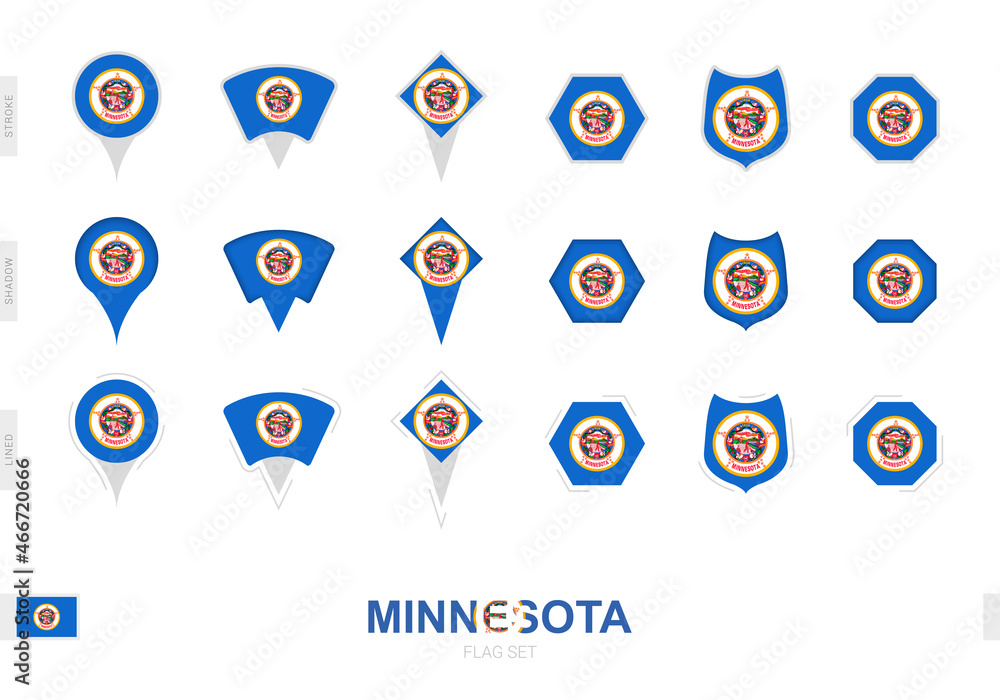 Collection of the Minnesota flag in different shapes and with three different effects. Collection of the Minnesota flag in different shapes and with three different effects.