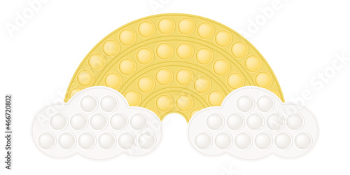 Popit yellow rainbow on the clouds as a fashionable silicon fidget toys. Addictive antistress toy for fidget in pastel colors. Bubble sensory popit for kids fingers. Vector illustration isolated.