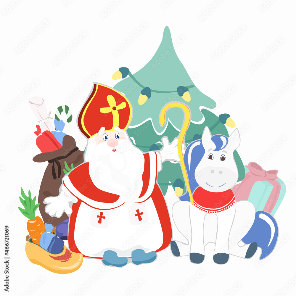 Obraz premium Dutch holiday Sinterklaas . Cute Saint Nicholas cartoon character. Symbol of the traditional holiday on December 6 in the Netherlands. holiday postcard. Imitation of a pencil drawing. Copy space