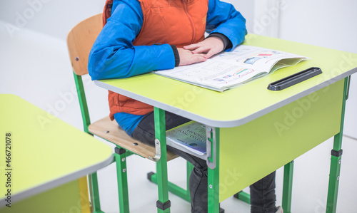 Fototapeta Naklejka Na Ścianę i Meble -  School class with school desks and blackboards in ukraine high school