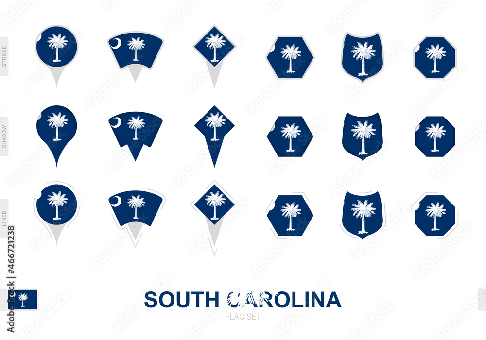 Collection of the South Carolina flag in different shapes and with three different effects. Collection of the South Carolina flag in different shapes and with three different effects.