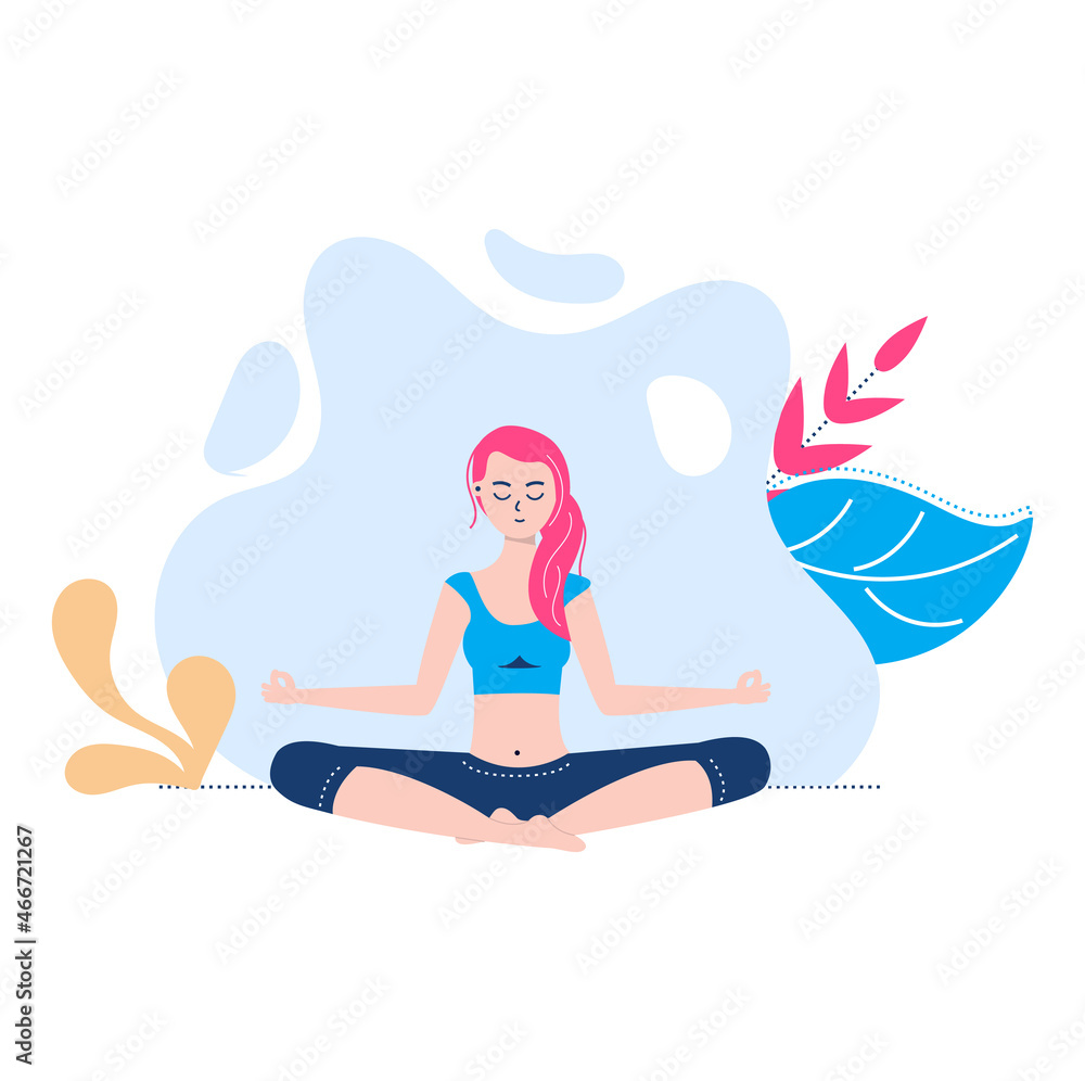 Woman relax spending time, female character meditation yoga practice, concept spiritual reflection cartoon vector illustration, isolated on white.
