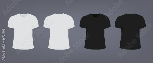 Set of realistic white and black unisex slim-fit t-shirt with round neckline. Front and back view. Vector illustration collection on gray background.