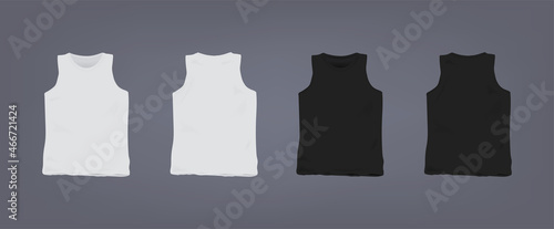 Set of realistic white and black unisex sleeveless t-shirt. Front and back view. Vector illustration collection on gray background.