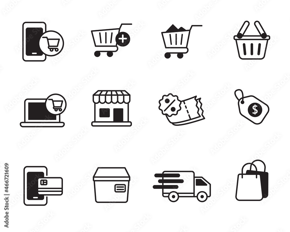 Set of online shopping icon with black color isolated on white background  Stock Vector | Adobe Stock