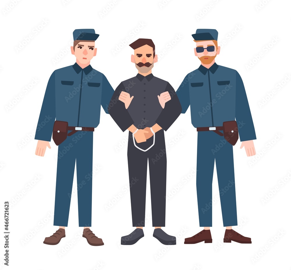 Two policemen in uniform holding male criminal or prisoner in handcuffs. Arrested man escorted by pair of police officers. Flat cartoon characters isolated on white background. Vector illustration Two policemen in uniform holding male criminal or prisoner in handcuffs. Arrested man escorted by pair of police officers. Flat cartoon characters isolated on white background. Vector illustration