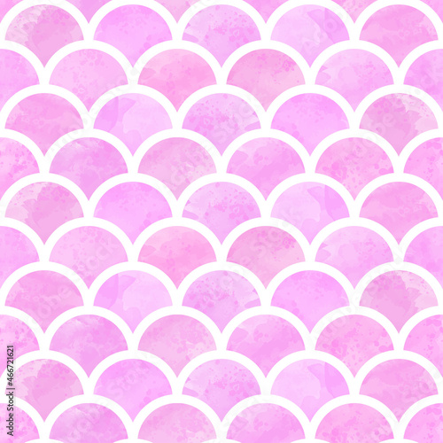 Pink watercolor mermaid scallop seamless pattern vector illustration isolated on white.