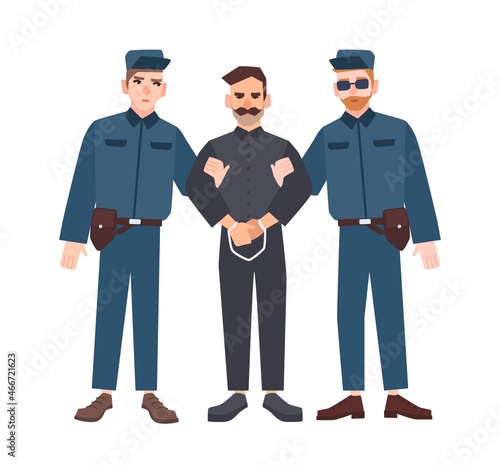 Two policemen in uniform holding male criminal or prisoner in handcuffs. Arrested man escorted by pair of police officers. Flat cartoon characters isolated on white background. Vector illustration