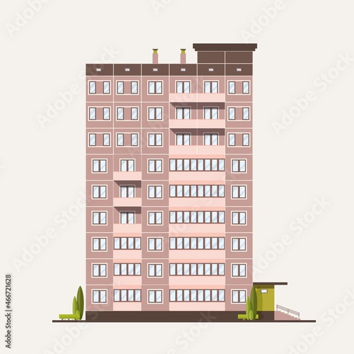 Multistory prefabricated panel building built in modern architectural style. Living house isolated on white background. Urban architecture and city construction. Flat colorful vector illustration.