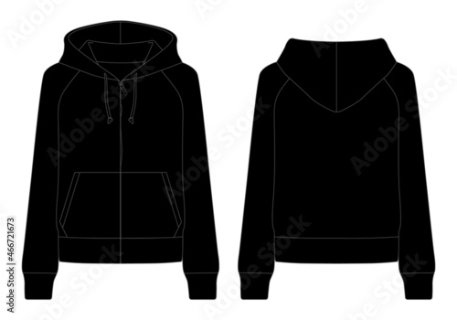 Black Hooded Jacket With Two Pocket Template Vector On White Background.Front and Back View.