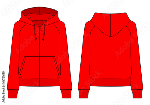 Red Hooded Jacket With Two Pocket Template Vector On White Background.Front and Back View.