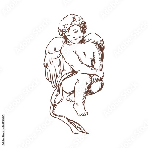 Elegant drawing of lovely sitting Cupid isolated on white background. Little angel, god or deity of romantic love, mythological character with wings. Hand drawn monochrome vector illustration.