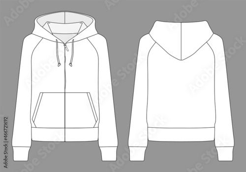 White Hooded Jacket With Two Pocket Template on Gray Background. Front and Back Views, Vector File.