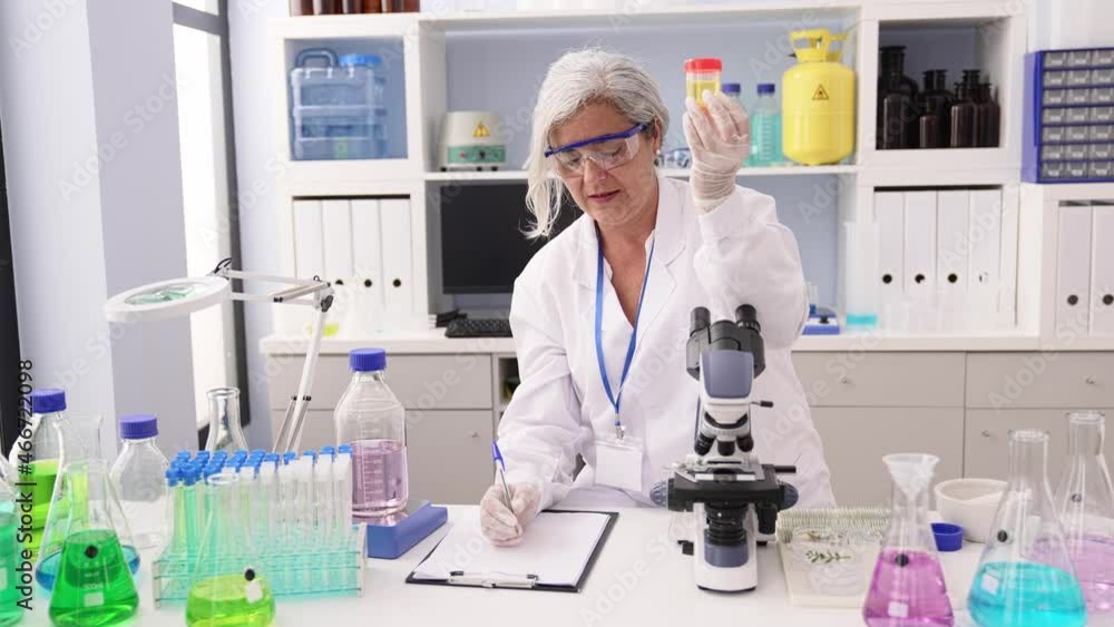 Middle age grey-haired woman wearing scientist uniform analyzing urine sample at laboratory Middle age grey-haired woman wearing scientist uniform analyzing urine sample at laboratory