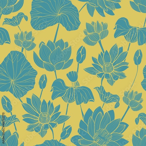 Botanical seamless pattern with beautiful blue blooming lotus hand drawn on golden background. Backdrop with elegant flowers, buds and leaves. Natural vector illustration for fabric print, wallpaper.