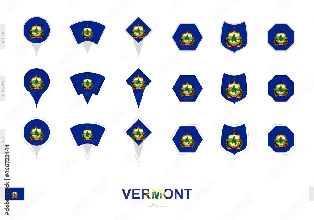 Collection of the Vermont flag in different shapes and with three different effects. Collection of the Vermont flag in different shapes and with three different effects.