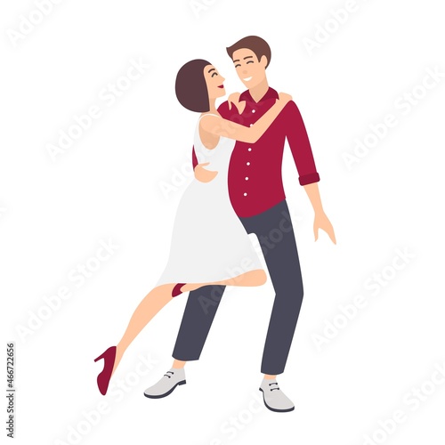 Young elegant romantic couple dancing salsa. Passionate male and female dancers performing choreographic elements at dance studio or school. Colorful vector illustration in flat cartoon style.