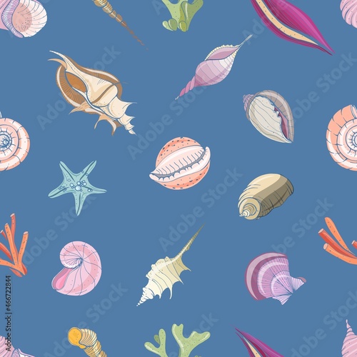 Elegant seamless pattern with seashells or shells of molluscs on blue background. Backdrop with sea or ocean fauna. Realistic hand drawn vector illustration for wrapping paper, textile print