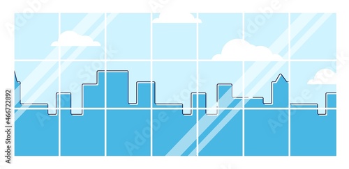 Concept clear sky view urban city skyscraper from floor to ceiling window, flat vector line blue townscape illustration, isolated on white.