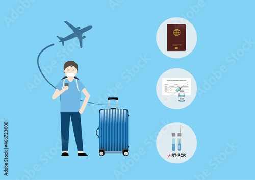 New normal airplane traveling in covid-19 pandemic. Requirement including passport, fully vaccination with immunization certificate and passed RT-PCR test.