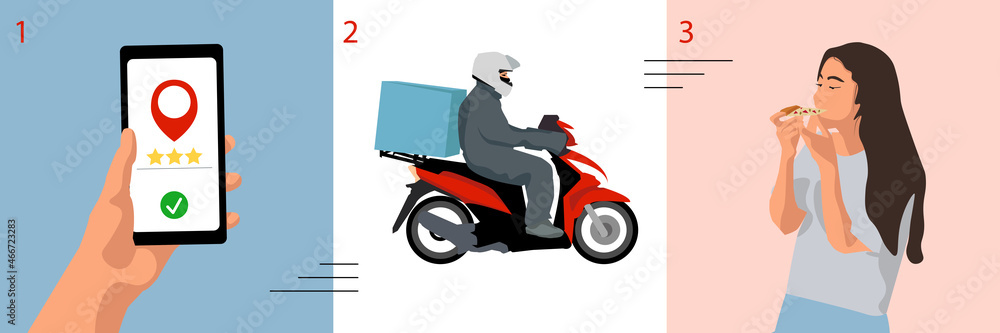Fast express delivery with scooter set vector illustration. Cartoon hand holding mobile phone and ordering pizza, courier to deliver fast food box to woman, infographic background