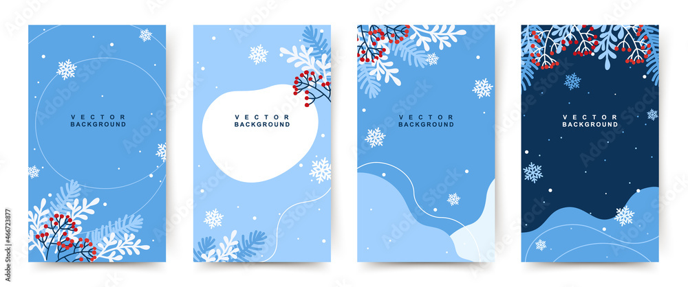 Winter holidays backgrounds for social media stories, post templates. Colorful banners with with сhristmas tree branches, snowflakes and red berries. Vector illustration for mobile apps, invitation,ad