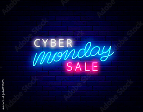 Cyber monday sale neon sign. Luminous emblem. Outer glowing effect logo. Isolated vector stock illustration