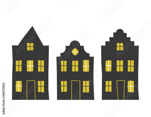 Vector set of traditional old European buildings like Amsterdam houses. Isolated black simplified silhouettes, yellow windows. Geometric style