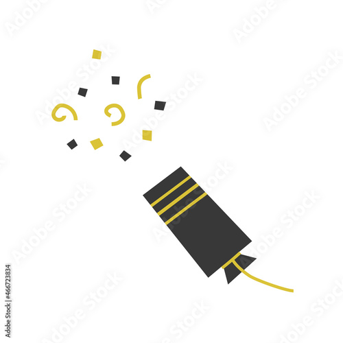 Vector isolated illustration. Xmas symbol of party and surprise. Christmas cracker with confetti has black paper wrap and yellow decoration. Geometric shapes on white background. Flat logo