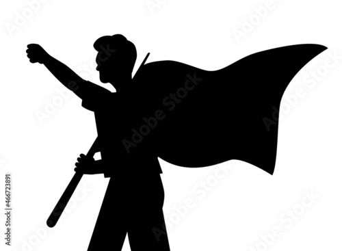 Silhouette of young man holding a flag. Hand with fist raised in protest. Black silhouette of strong male body. Symbol of confrontation, public resistance, revolution, demonstration, human rights