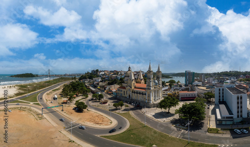 Panoramic aerial photo of the city of Ilh  us Bahia with a view of the Cathedral of S  o Sebasti  o