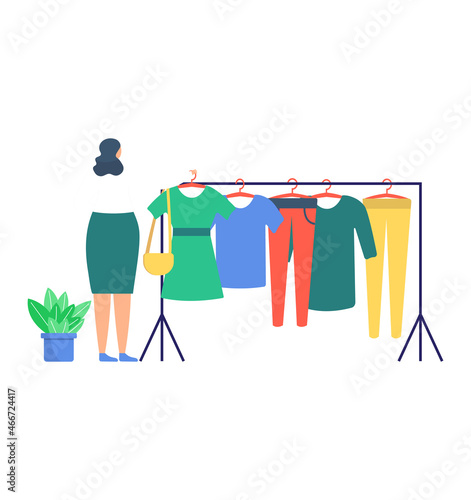Woman hobby shopping clothing in mall, character female try dress, fitting room hanger cartoon vector illustration, isolated on white.