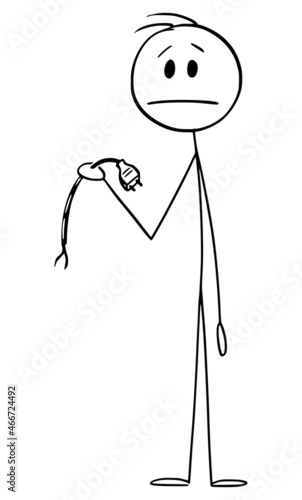 Frustrated Person Holding Broken Electricity Power Cord, Vector Cartoon Stick Figure Illustration