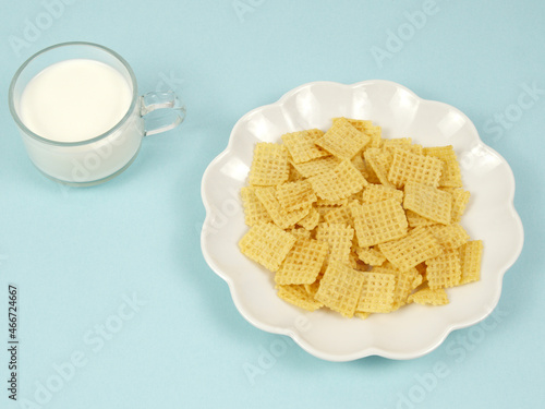 Crispy rice and a cup of milk, delicious snacks, top view