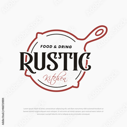 Vintage Retro Rustic, cast iron skillet for food dishes, classic restaurant kitchen, traditional food, restaurant food, logo vector illustration