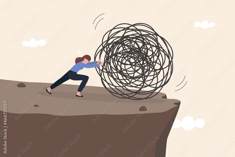 Depression and anxiety caused by stress and pressure, relaxation help relieve stress, overcome frustration, reduce tension and make peaceful life, happy woman push messy chaos stress ball off a cliff. - obrazy, fototapety, plakaty 