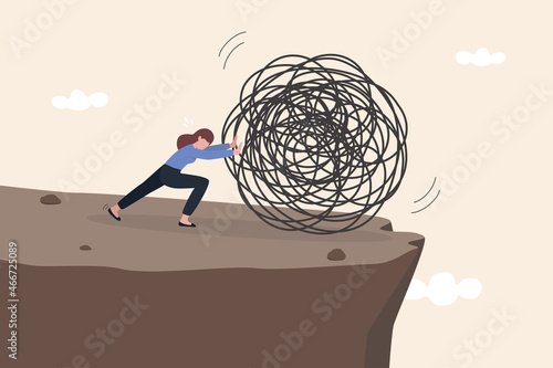 Obraz na plátně Depression and anxiety caused by stress and pressure, relaxation help relieve stress, overcome frustration, reduce tension and make peaceful life, happy woman push messy chaos stress ball off a cliff