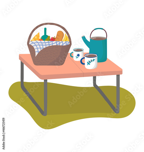 Romantic picnic foodstuff and outdoor tourist item, concept park hiking junket cartoon vector illustration, isolated on white.