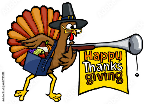 cartoon turkey pilgrim with gun | happy thanksgiving