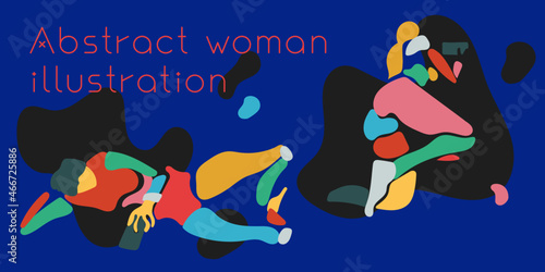 Abstract woman holding smart phone. Naked surreal body illustration. Avant-garde abstract female body. Minimalist silhouette girl. Colored extraordinary flat vector artwork. Young women are laying.