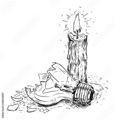 Candle and Broken Light Bulb, No Electricity, Energy Poverty Concept, Vector Cartoon Illustration