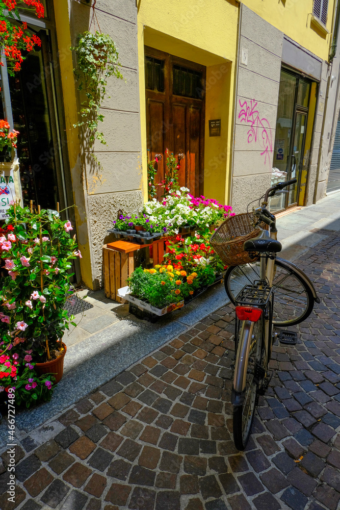 bicycle in front of a house. bicycle with basket in the street near the flowers shop. European streets. Parma, Italy, Travel, vertical