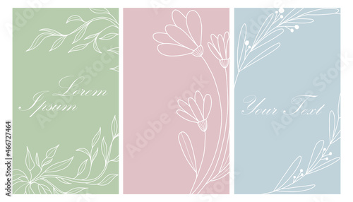 Flower minimal poster. Hand drawn line wild flowers and leaves. Herbal and meadow plant modern wall art floral decor. Wedding invitation template. Vector contemporary botanical illustration
