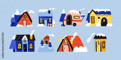 Winter houses. Cute homes in snow, forest cottages and townhomes with snowy roofs, christmas hotel, xmas decor elements collection bright colors, vector cartoon flat isolated set