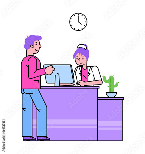 Dialogue male patient talk with doctor nurse cashier, doctor appointment line flat vector illustration, isolated on white.