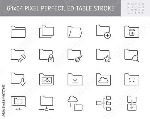 Folder line icons. Vector illustration include icon - file, copy, erase, download, network, lock, document, browse outline pictogram for computer catalog. 64x64 Pixel Perfect, Editable Stroke