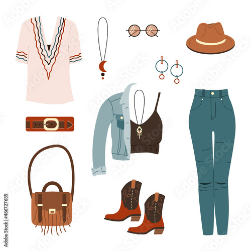 Set of clothing and accessories in bohemian style. Boho outfits. Jeans and jacket, t-shirt, top, hat, fashion boots, bag, glasses and jewelry. Flat vector illustration isolated on white background