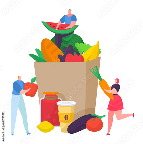 Tiny character male female package ecology organic fruit, vegetable and foods...