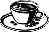 Cup of coffee on a plate. Black vector hand drawn